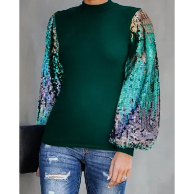 Lantern Sleeve Sequins Colorblock Top