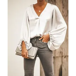 Lantern Sleeve Solid Casual Tops