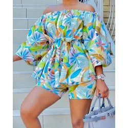 Leaf Print Off Shoulder Belted Top & Shorts Set