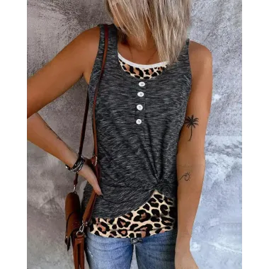 Leopard Print Button Front Fake Two-Piece Tank Top