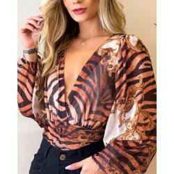 Leopard Print Deep V-Neck Lantern Sleeve Bodysuit