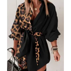 Leopard Print Lantern Sleeve Belted Shirt Dress