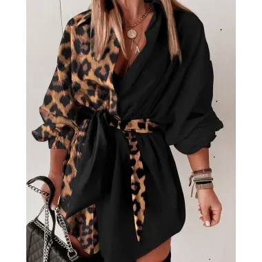 Leopard Print Lantern Sleeve Belted Shirt Dress