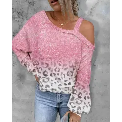 Leopard Print Ombre Cold Shoulder Sweatshirt