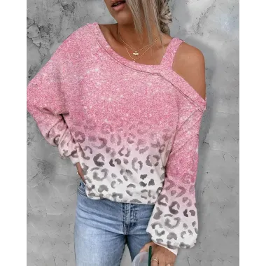 Leopard Print Ombre Cold Shoulder Sweatshirt