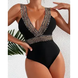 Leopard Print Plunge Sheer Mesh Patch One Piece Swimsuit