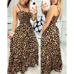 Leopard Print Shirred Cami Maxi Dress