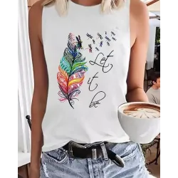 Let It Be Feather Dragonfly Print Casual Tank Top