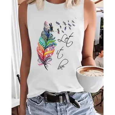 Let It Be Feather Dragonfly Print Casual Tank Top