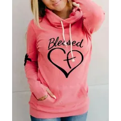 Letter Heart Print Hooded Long Sleeve Sweatshirt