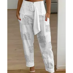 Letter Print Belted Cuffed Pants