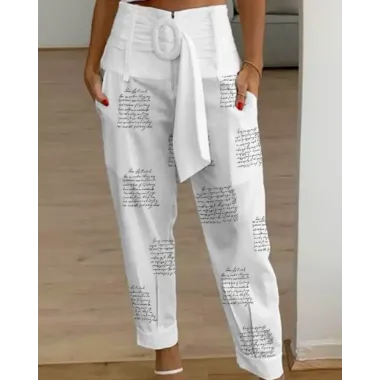 Letter Print Belted Cuffed Pants