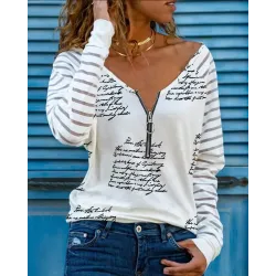 Letter Print Zipper Design V-Neck Top