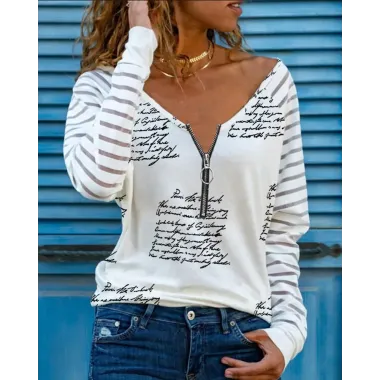 Letter Print Zipper Design V-Neck Top