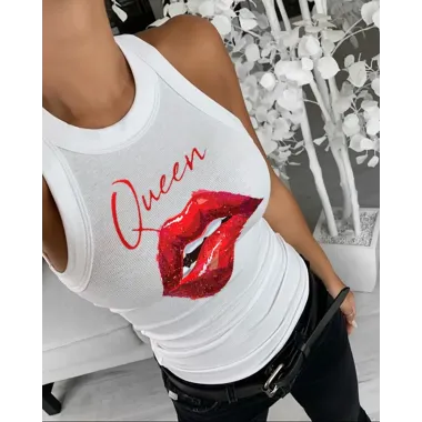 Letter Queen Print Casual Tank Top