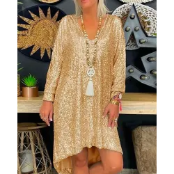 Long Sleeve Dip Hem Sequin Dress