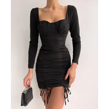 Long Sleeve Drawstring Ruched Bodycon Dress