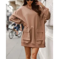 Long Sleeve Flap Pocket Split Hem Sweatshirt Dress