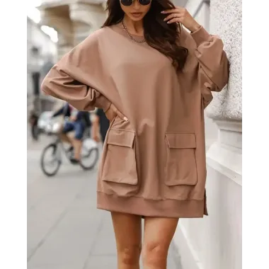 Long Sleeve Flap Pocket Split Hem Sweatshirt Dress