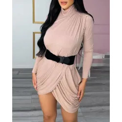 Long Sleeve Ruched Asymmetrical Bodycon Dress Without Belt