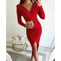 Long Sleeve Ruched Asymmetrical Party Dress