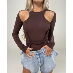 Long Sleeve Twist Cutout Skinny Bodysuit