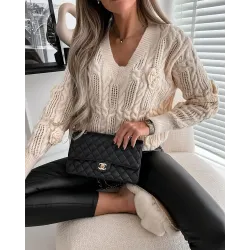 Long Sleeve V-Neck Cable Knit Sweater