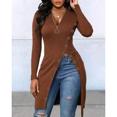 Long Sleeve Zipper Design High Slit Top