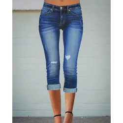 Low Waist Pocket Design Ripped Capris Jeans