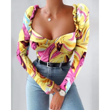 Marble Print Frill Hem Puff Sleeve Top