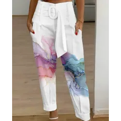 Marble Print High Waist Belted Pocket Design Pants