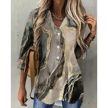 Marble Print Long Sleeve Button Down Shirt