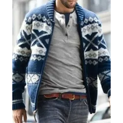 Men Geometric Print Zipper Design Knit Cardigan