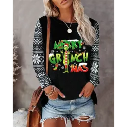 Merry Christmas Cartoon Print Long Sleeve Top