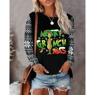 Merry Christmas Cartoon Print Long Sleeve Top