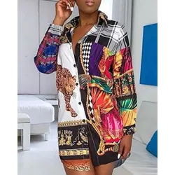 Mixed Print Buttoned Shirt Dress