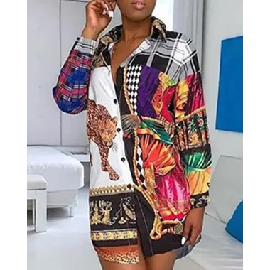 Mixed Print Buttoned Shirt Dress