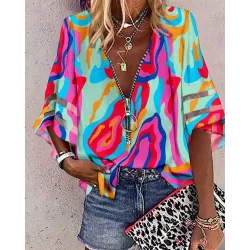 Multi-Color Abstract Print Bell Sleeve Zip Front Top