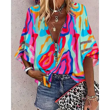 Multi-Color Abstract Print Bell Sleeve Zip Front Top