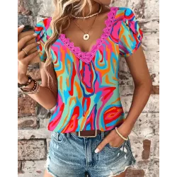 Multi-Color Abstract Print Petal Sleeve T-shirt