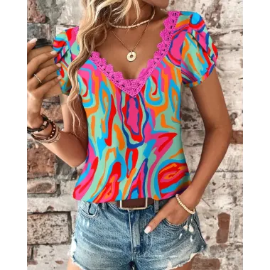 Multi-Color Abstract Print Petal Sleeve T-shirt