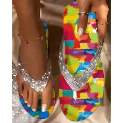 Multi Colors All Over Print Rhinestone Strap Flip Flops