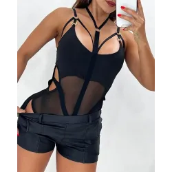 Multi Strap Sheer Mesh Cutout Bodysuit