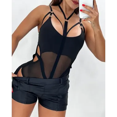 Multi Strap Sheer Mesh Cutout Bodysuit