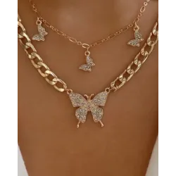 Multilayer Rhinestone Butterfly Pendant Chain Necklace