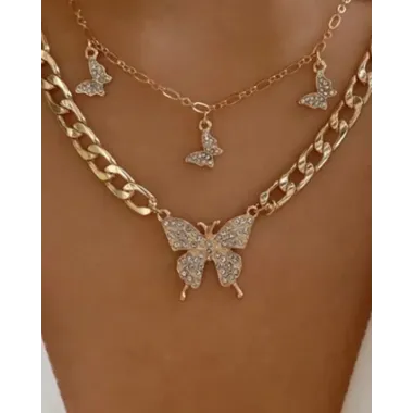 Multilayer Rhinestone Butterfly Pendant Chain Necklace