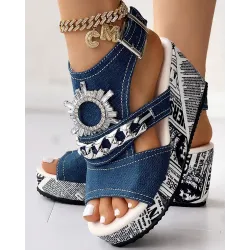 Newspaper Rhinestone Gear Pattern Slingback Platform Wedge Sandals