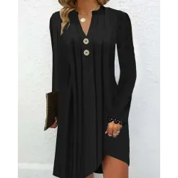 Notch Neck Buttoned Lace Trim Ruched Casual Dress