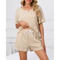 Notch Neck Short Sleeve Textured Drawstring Pajamas Set