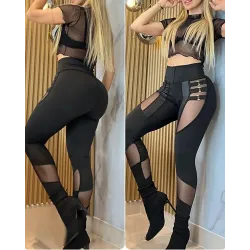 O-Ring Decor Sheer Mesh Patch Pants